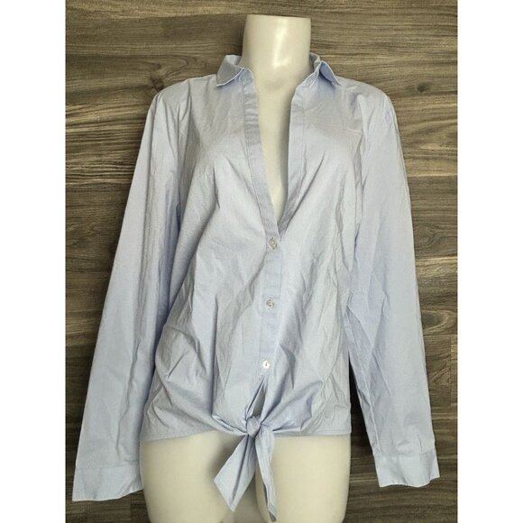 J Jill Womens L Light Blue V Neck Collared Button Up Shirt Blouse Tie Front Top - Picture 1 of 8